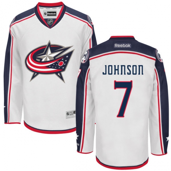 Men's Reebok Columbus Blue Jackets 7 Jack Johnson Authentic White Away NHL Jersey