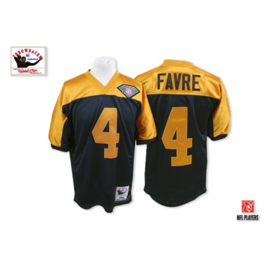 Mitchell and Ness Green Bay Packers 4 Brett Favre Authentic Navy Blue/Gold With 75th Patch Throwback NFL Jersey