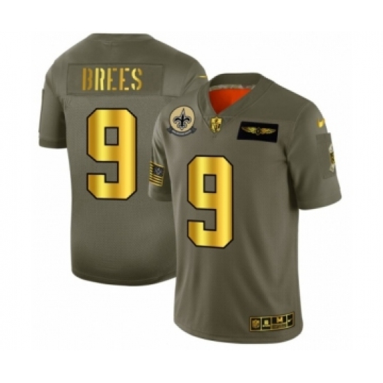 Men's New Orleans Saints 9 Drew Brees Limited Olive Gold 2019 Salute to Service Football Jersey