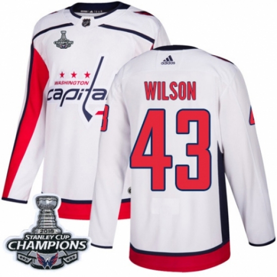 Men's Adidas Washington Capitals 43 Tom Wilson Authentic White Away 2018 Stanley Cup Final Champions NHL Jersey