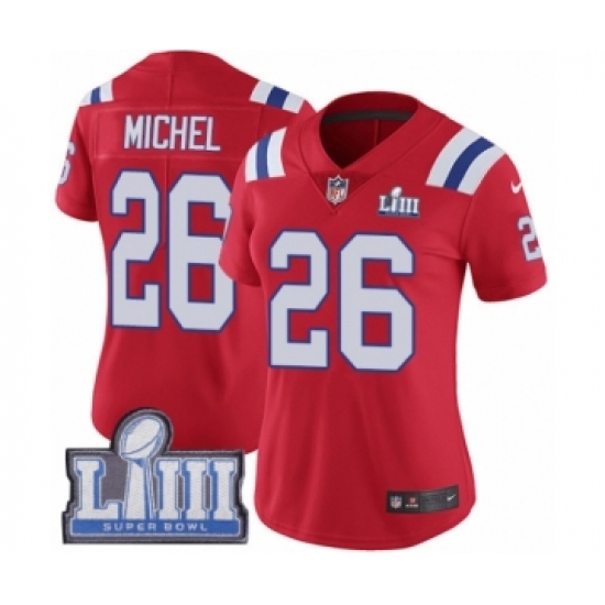 Women's Nike New England Patriots 26 Sony Michel Red Alternate Vapor Untouchable Limited Player Super Bowl LIII Bound NFL Jersey