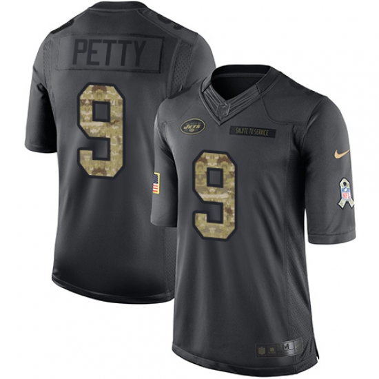 Youth Nike New York Jets 9 Bryce Petty Limited Black 2016 Salute to Service NFL Jersey