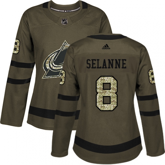 Women's Adidas Colorado Avalanche 8 Teemu Selanne Authentic Green Salute to Service NHL Jersey