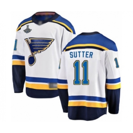 Youth St. Louis Blues 11 Brian Sutter Fanatics Branded White Away Breakaway 2019 Stanley Cup Champions Hockey Jersey