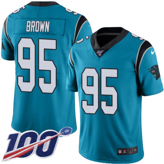 Youth Carolina Panthers 95 Derrick Brown Blue Stitched NFL Limited Rush 100th Season Jersey