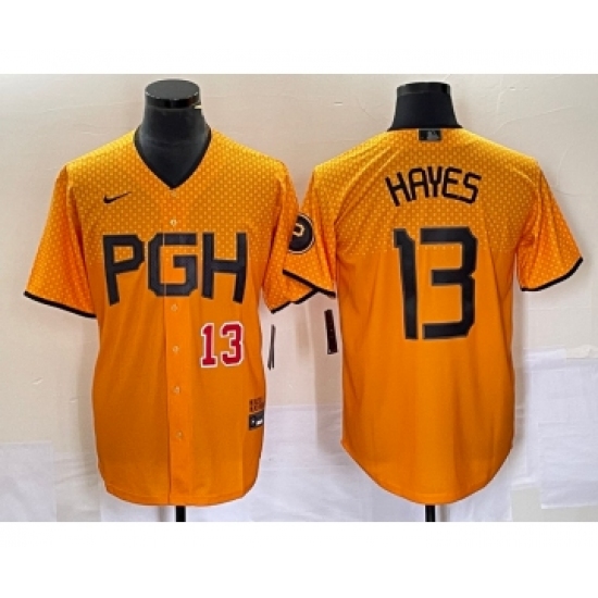 Men's Nike Pittsburgh Pirates 13 KeBryan Hayes Number Gold 2023 City Connect Stitched Jersey