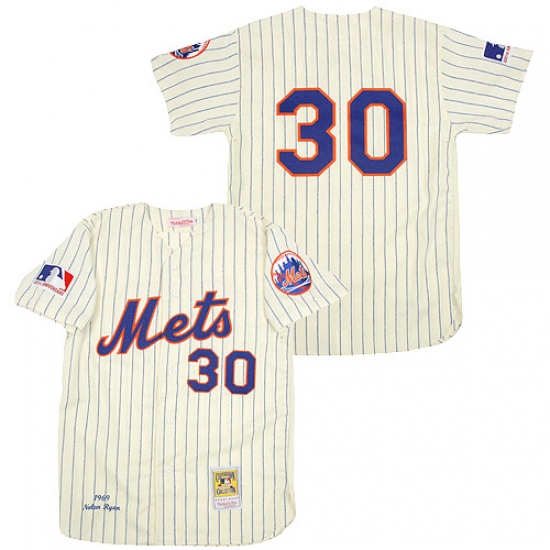 Men's Mitchell and Ness 1969 New York Mets 30 Nolan Ryan Replica Cream Throwback MLB Jersey