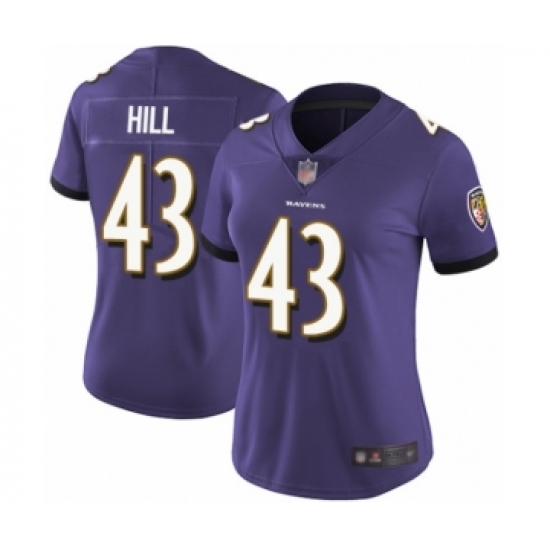 Women's Baltimore Ravens 43 Justice Hill Purple Team Color Vapor Untouchable Limited Player Football Jersey