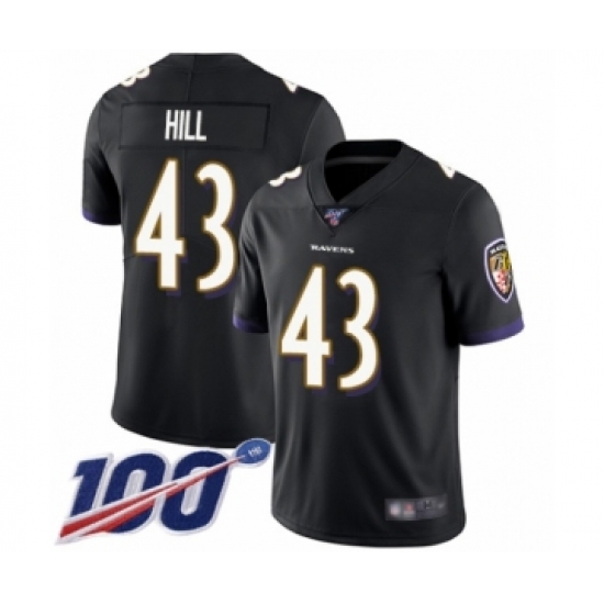 Men's Baltimore Ravens 43 Justice Hill Black Alternate Vapor Untouchable Limited Player 100th Season Football Jersey