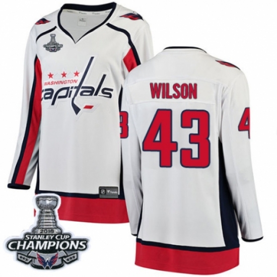 Women's Washington Capitals 43 Tom Wilson Fanatics Branded White Away Breakaway 2018 Stanley Cup Final Champions NHL Jersey