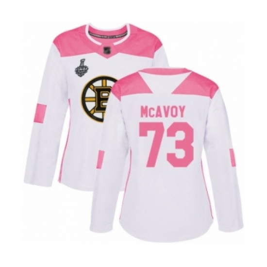 Women's Boston Bruins 73 Charlie McAvoy Authentic White Pink Fashion 2019 Stanley Cup Final Bound Hockey Jersey