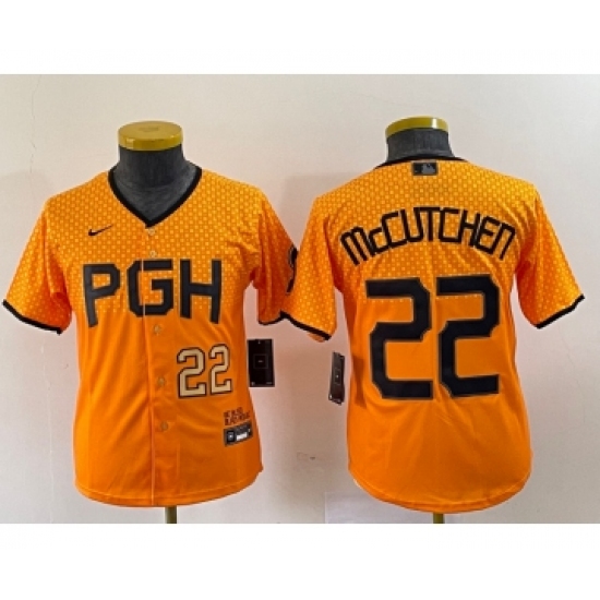 Youth Nike Pittsburgh Pirates 22 Andrew McCutchen Number Yellow 2023 City Connect Stitched Jersey1