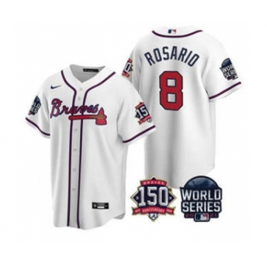 Men's Atlanta Braves 8 Eddie Rosario 2021 White World Series With 150th Anniversary Patch Cool Base Stitched Jersey