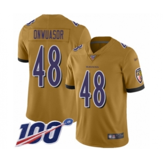 Men's Baltimore Ravens 48 Patrick Onwuasor Limited Gold Inverted Legend 100th Season Football Jersey