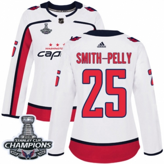 Women's Adidas Washington Capitals 25 Devante Smith-Pelly Authentic White Away 2018 Stanley Cup Final Champions NHL Jersey