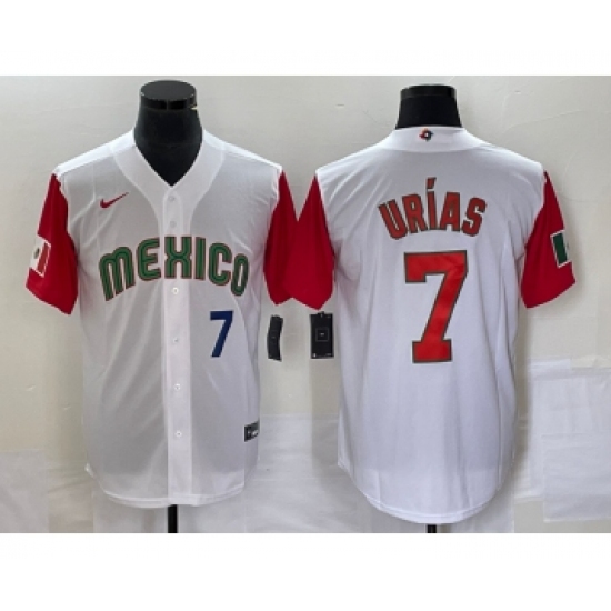 Men's Mexico Baseball 7 Julio Urias Number 2023 White Red World Classic Stitched Jersey 17