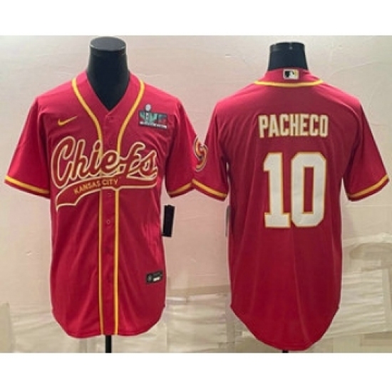 Men's Kansas City Chiefs 10 Isiah Pacheco Red With Super Bowl LVII Patch Cool Base Stitched Baseball Jersey