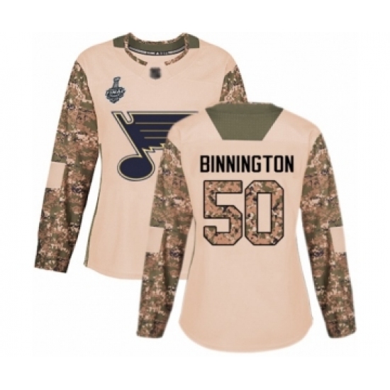 Women's St. Louis Blues 50 Jordan Binnington Authentic Camo Veterans Day Practice 2019 Stanley Cup Final Bound Hockey Jersey