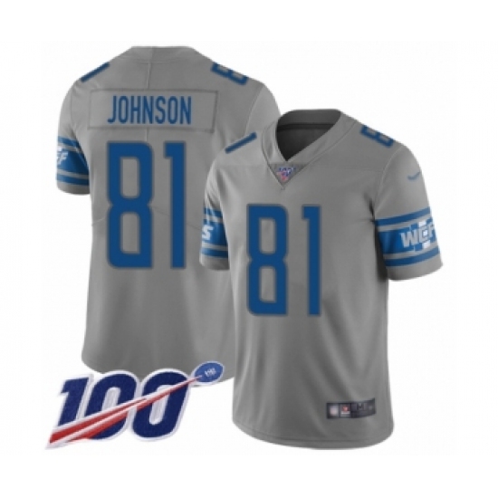 Youth Detroit Lions 81 Calvin Johnson Limited Gray Inverted Legend 100th Season Football Jersey