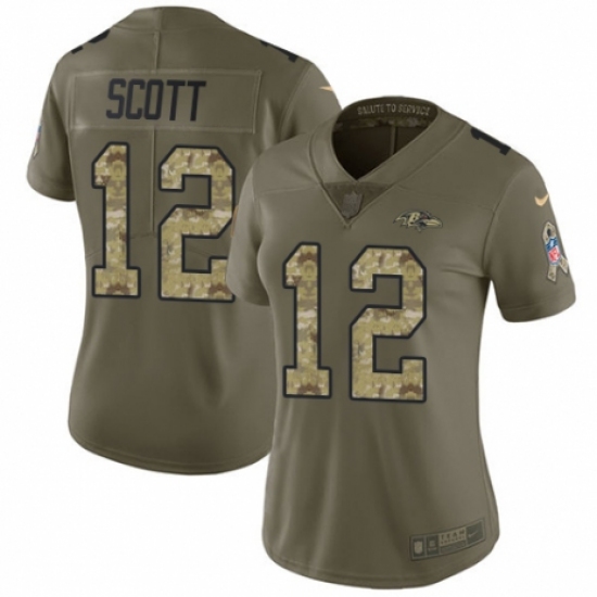 Women's Nike Baltimore Ravens 12 Jaleel Scott Limited Olive/Camo Salute to Service NFL Jersey