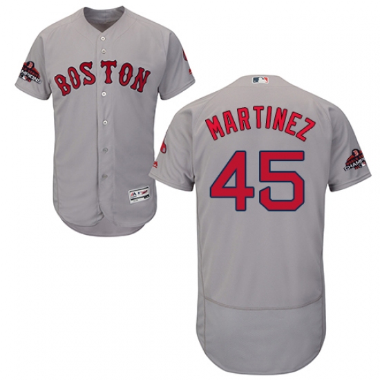 Men's Majestic Boston Red Sox 45 Pedro Martinez Grey Road Flex Base Authentic Collection 2018 World Series Champions MLB Jersey