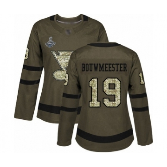 Women's St. Louis Blues 19 Jay Bouwmeester Authentic Green Salute to Service 2019 Stanley Cup Champions Hockey Jersey