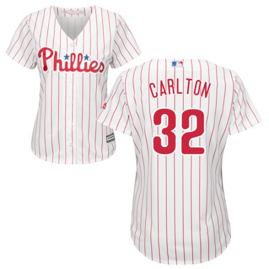 Women's Majestic Philadelphia Phillies 32 Steve Carlton Replica White/Red Strip Home Cool Base MLB Jersey