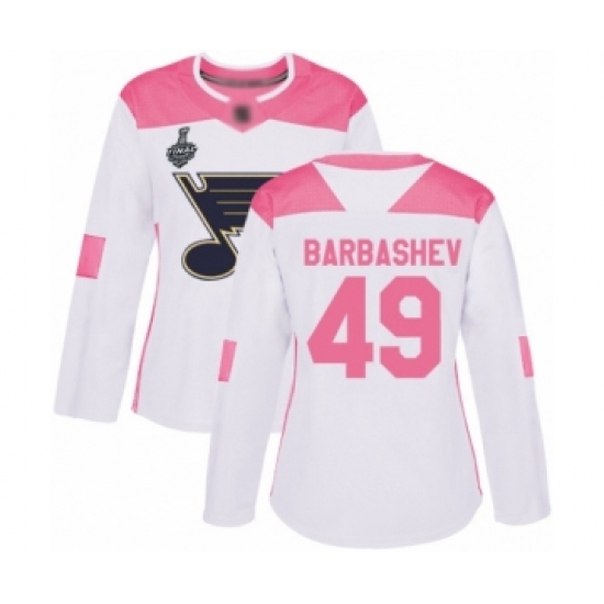 Women's St. Louis Blues 49 Ivan Barbashev Authentic White Pink Fashion 2019 Stanley Cup Final Bound Hockey Jersey