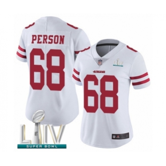 Women's San Francisco 49ers 68 Mike Person White Vapor Untouchable Limited Player Super Bowl LIV Bound Football Jersey