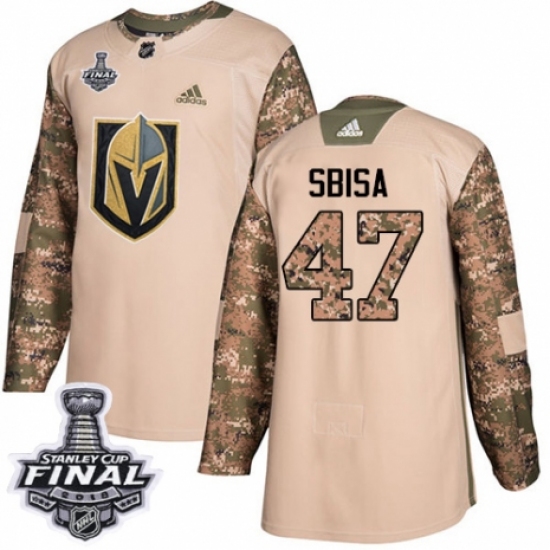 Youth Adidas Vegas Golden Knights 47 Luca Sbisa Authentic Camo Veterans Day Practice 2018 Stanley Cup Final NHL Jersey