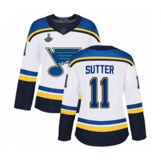 Women's St. Louis Blues 11 Brian Sutter Authentic White Away 2019 Stanley Cup Champions Hockey Jersey