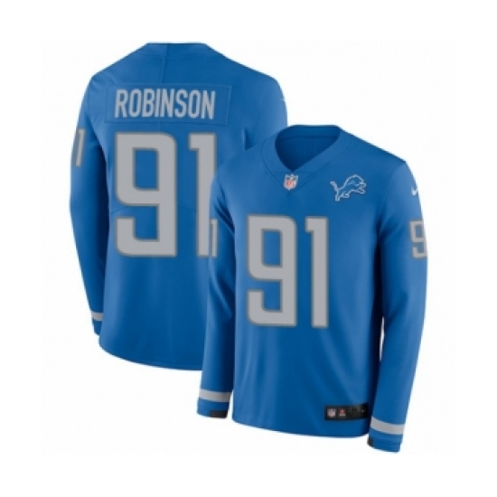 Men's Nike Detroit Lions 91 A'Shawn Robinson Limited Blue Therma Long Sleeve NFL Jersey