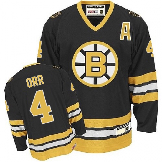 Men's CCM Boston Bruins 4 Bobby Orr Authentic Black/Gold Throwback NHL Jersey