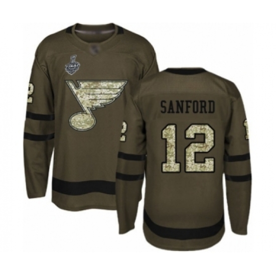 Men's St. Louis Blues 12 Zach Sanford Authentic Green Salute to Service 2019 Stanley Cup Final Bound Hockey Jersey