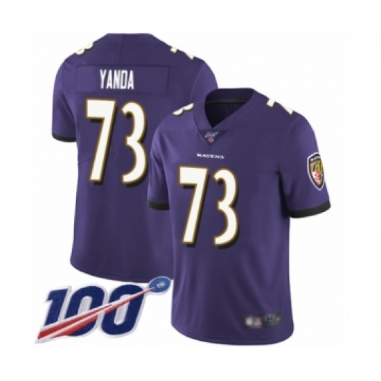 Men's Baltimore Ravens 73 Marshal Yanda Purple Team Color Vapor Untouchable Limited Player 100th Season Football Jersey