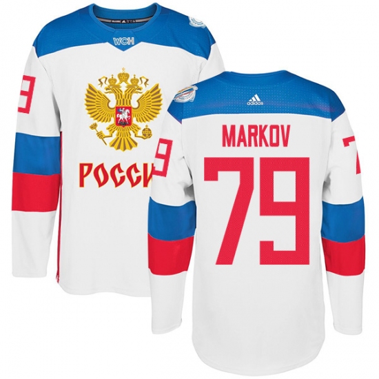 Men's Adidas Team Russia 79 Andrei Markov Premier White Home 2016 World Cup of Hockey Jersey