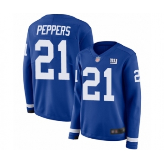 Women's New York Giants 21 Jabrill Peppers Limited Royal Blue Therma Long Sleeve Football Jersey