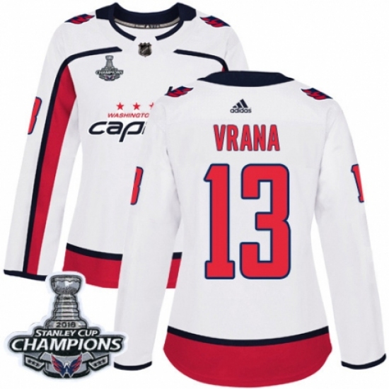 Women's Adidas Washington Capitals 13 Jakub Vrana Authentic White Away 2018 Stanley Cup Final Champions NHL Jersey