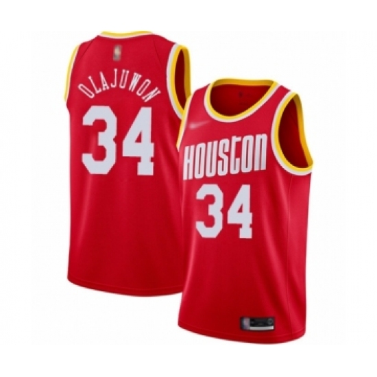 Men's Houston Rockets 34 Hakeem Olajuwon Authentic Red Hardwood Classics Finished Basketball JerseyMen's Houston Rockets 34 Hakeem Olajuwon Authentic Red