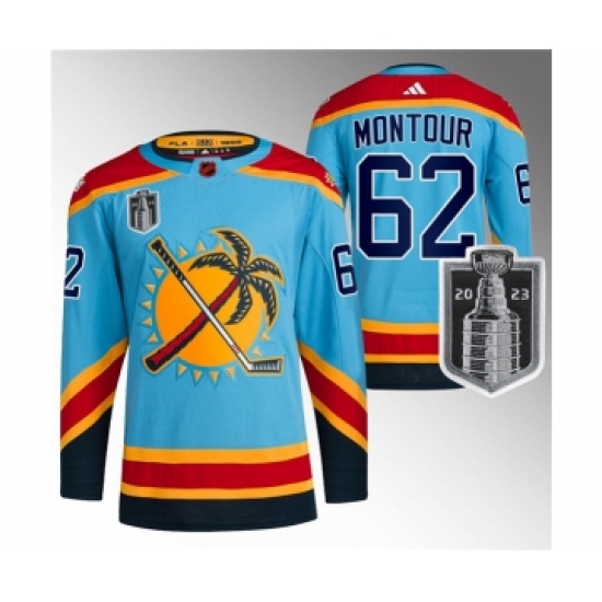 Men's Florida Panthers 62 Brandon Montour Blue 2023 Stanley Cup Final Reverse Retro Stitched Jersey