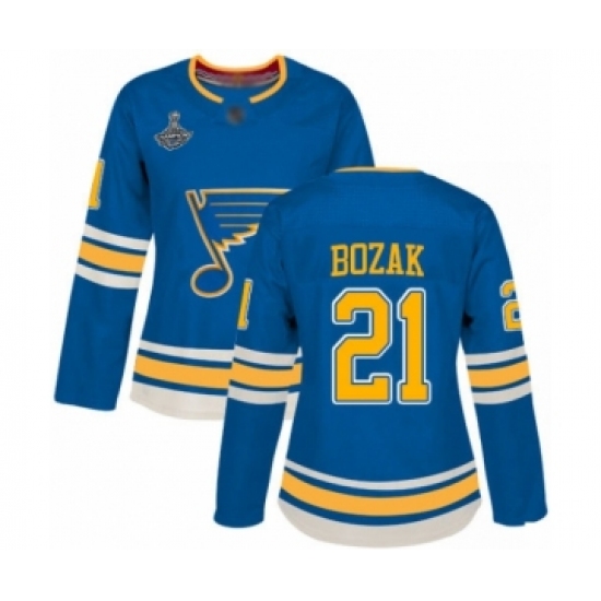 Women's St. Louis Blues 21 Tyler Bozak Authentic Navy Blue Alternate 2019 Stanley Cup Champions Hockey Jersey