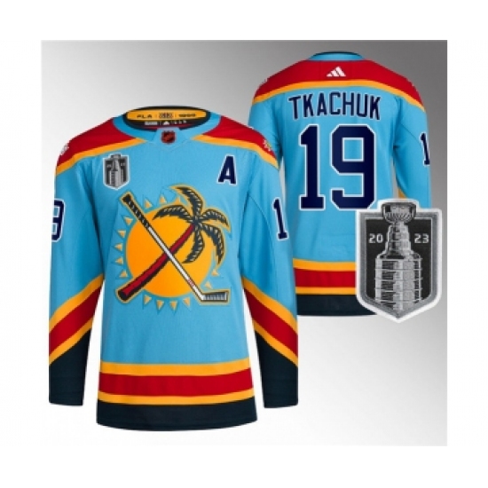 Men's Florida Panthers 19 Matthew Tkachuk Blue 2023 Stanley Cup Final Reverse Retro Stitched Jersey