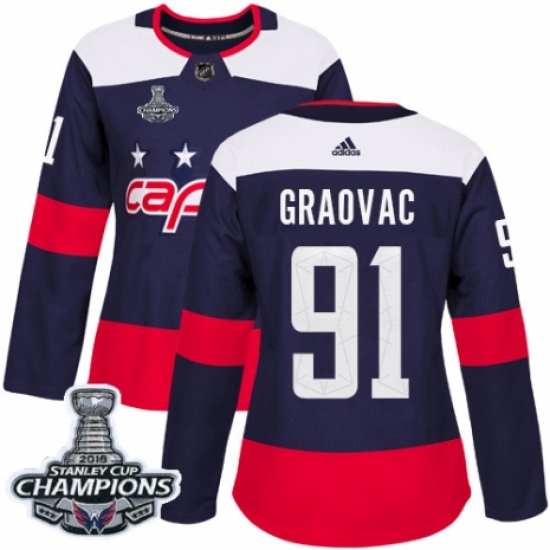 Women's Adidas Washington Capitals 91 Tyler Graovac Authentic Navy Blue 2018 Stadium Series 2018 Stanley Cup Final Champions NHL Jersey