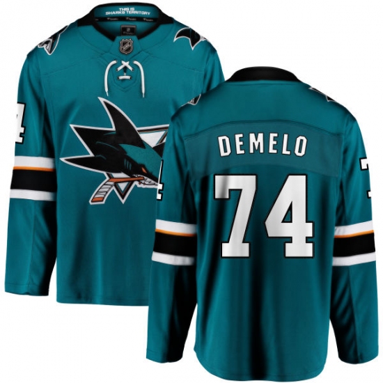 Men's San Jose Sharks 74 Dylan DeMelo Fanatics Branded Teal Green Home Breakaway NHL Jersey