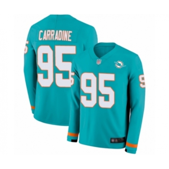 Men's Miami Dolphins 95 Tank Carradine Limited Aqua Therma Long Sleeve Football Jersey