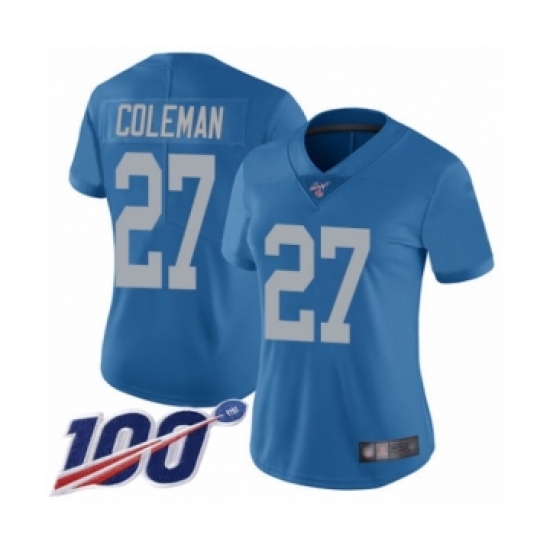 Women's Detroit Lions 27 Justin Coleman Blue Alternate Vapor Untouchable Limited Player 100th Season Football Jersey