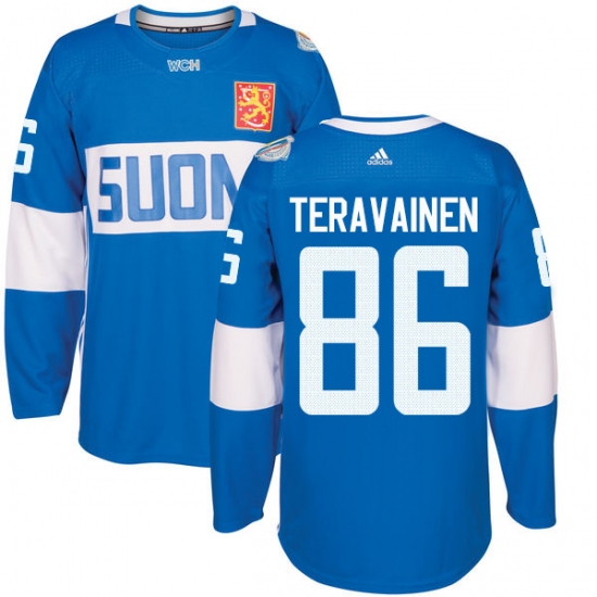 Men's Adidas Team Finland 86 Teuvo Teravainen Premier Blue Away 2016 World Cup of Hockey Jersey