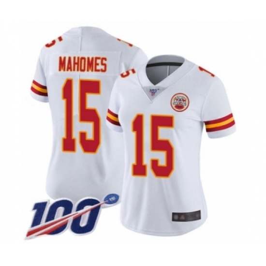 Women's Nike Kansas City Chiefs 15 Patrick Mahomes White Vapor Untouchable Limited Player 100th Season NFL Jersey