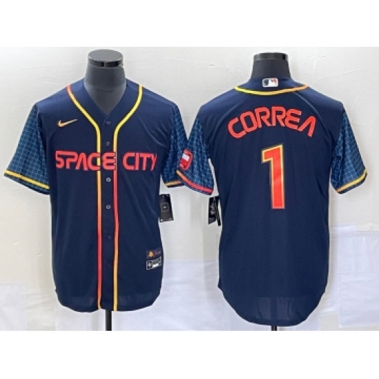 Men's Houston Astros 1 Carlos Correa 2022 Navy Blue City Connect Cool Base Stitched Jersey