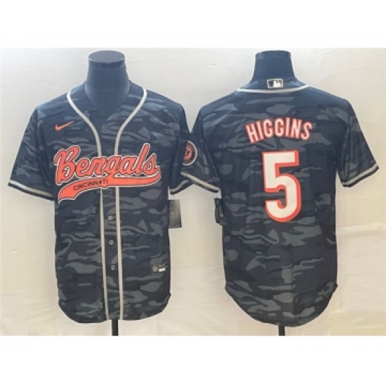 Men's Cincinnati Bengals 5 Tee Higgins Gray Camo Cool Base Stitched Baseball Jersey